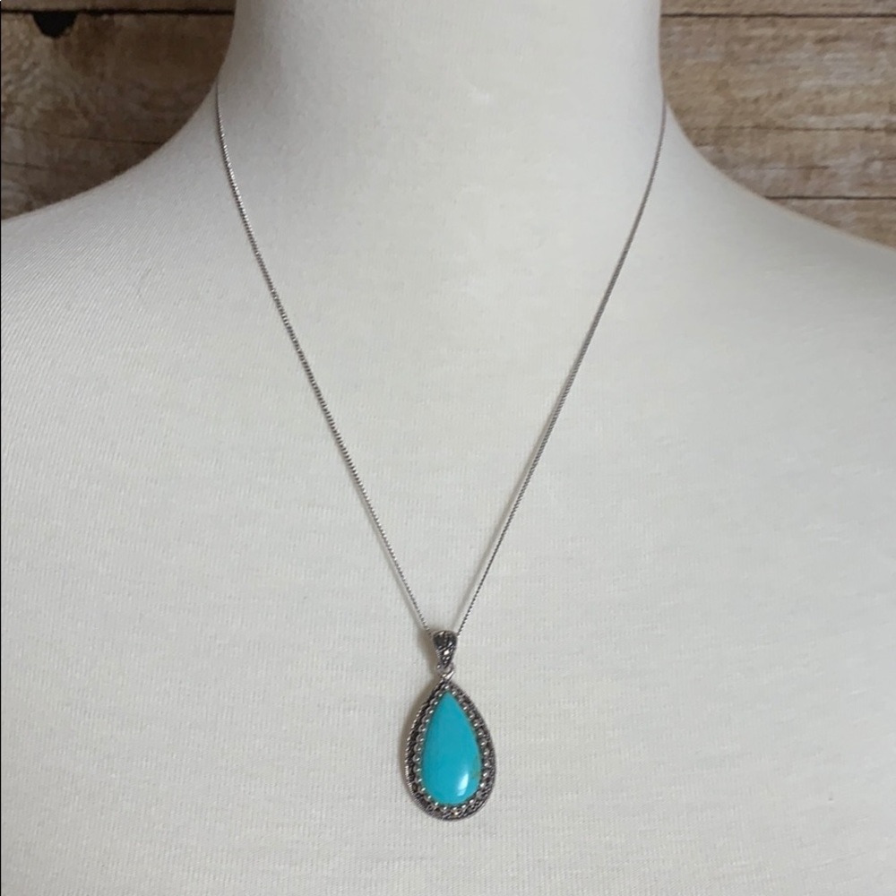 Turquoise Teardrop Pendant 925 Marcasite Necklace